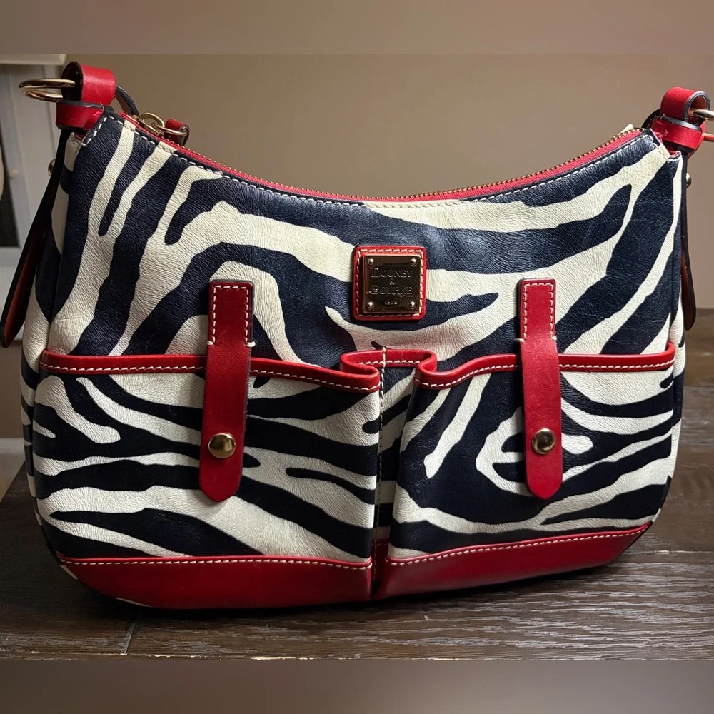 Dooney & Bourke Black and White Zebra Shoulder Bag with Red Trim - Picture 2 of 10